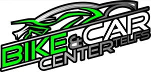 Bike & Car Center Telfs Logo mit stilisiertem Auto und Motorrad, grün-schwarz-silbernes Design